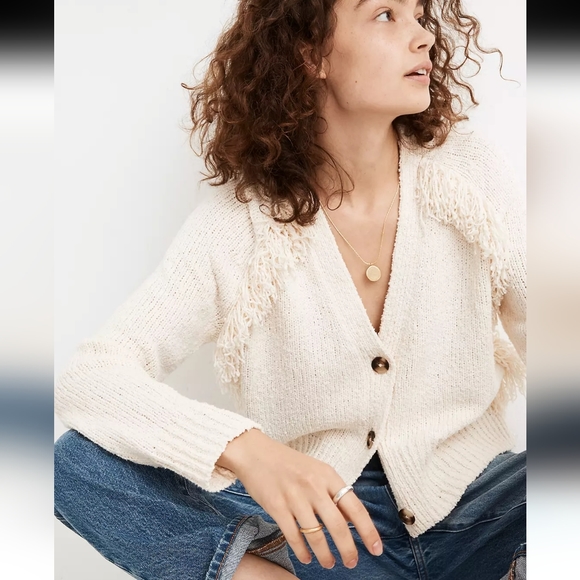 Nwot Madewell Chatterton Pearl Ivory Fringe Longsleeve Sweater - Picture 1 of 13